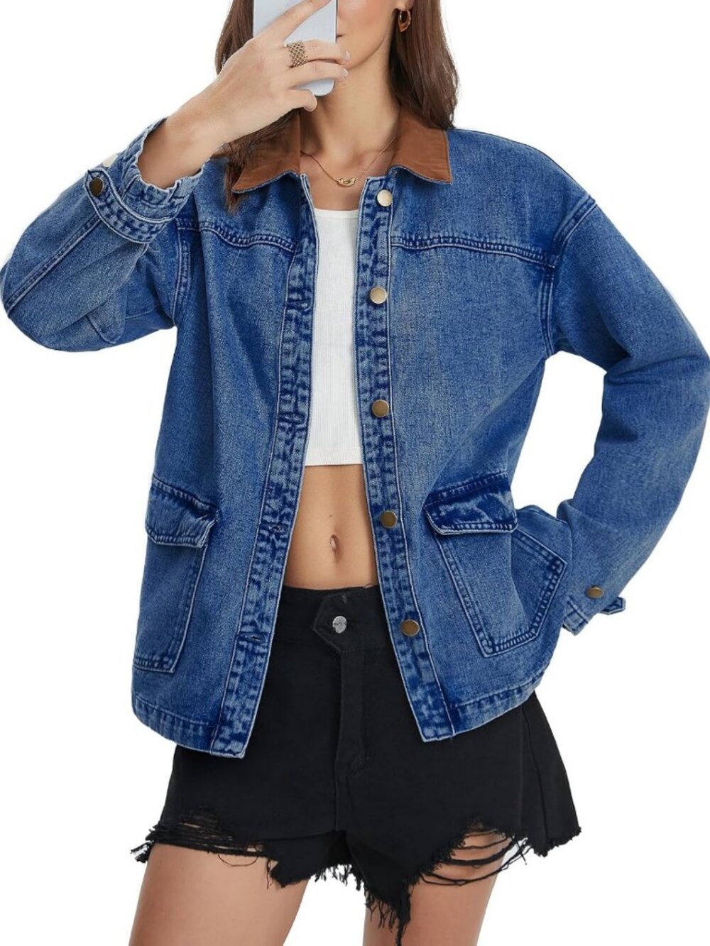 Oversized Contrast Color Denim Jacket with Pockets - Long Sleeve Jean Coat for